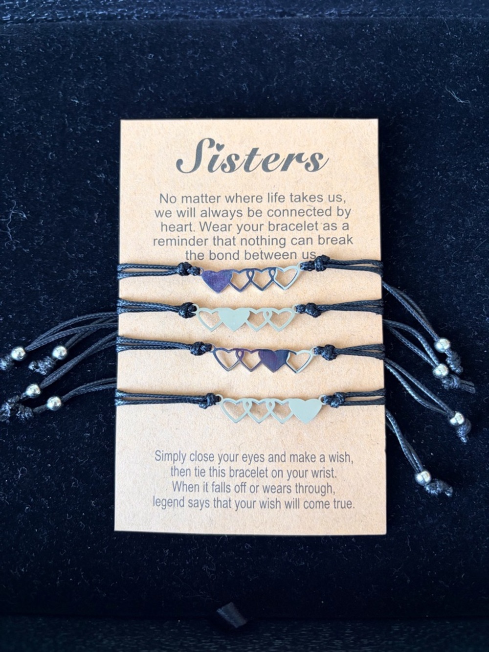 Heart Link Friendship Bracelets - Black Cord with Silver & Gold Hearts